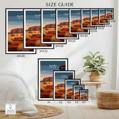 Uluru Australia Wall Art Print | Red Center Outback Travel Poster size guide showcasing various print dimensions.