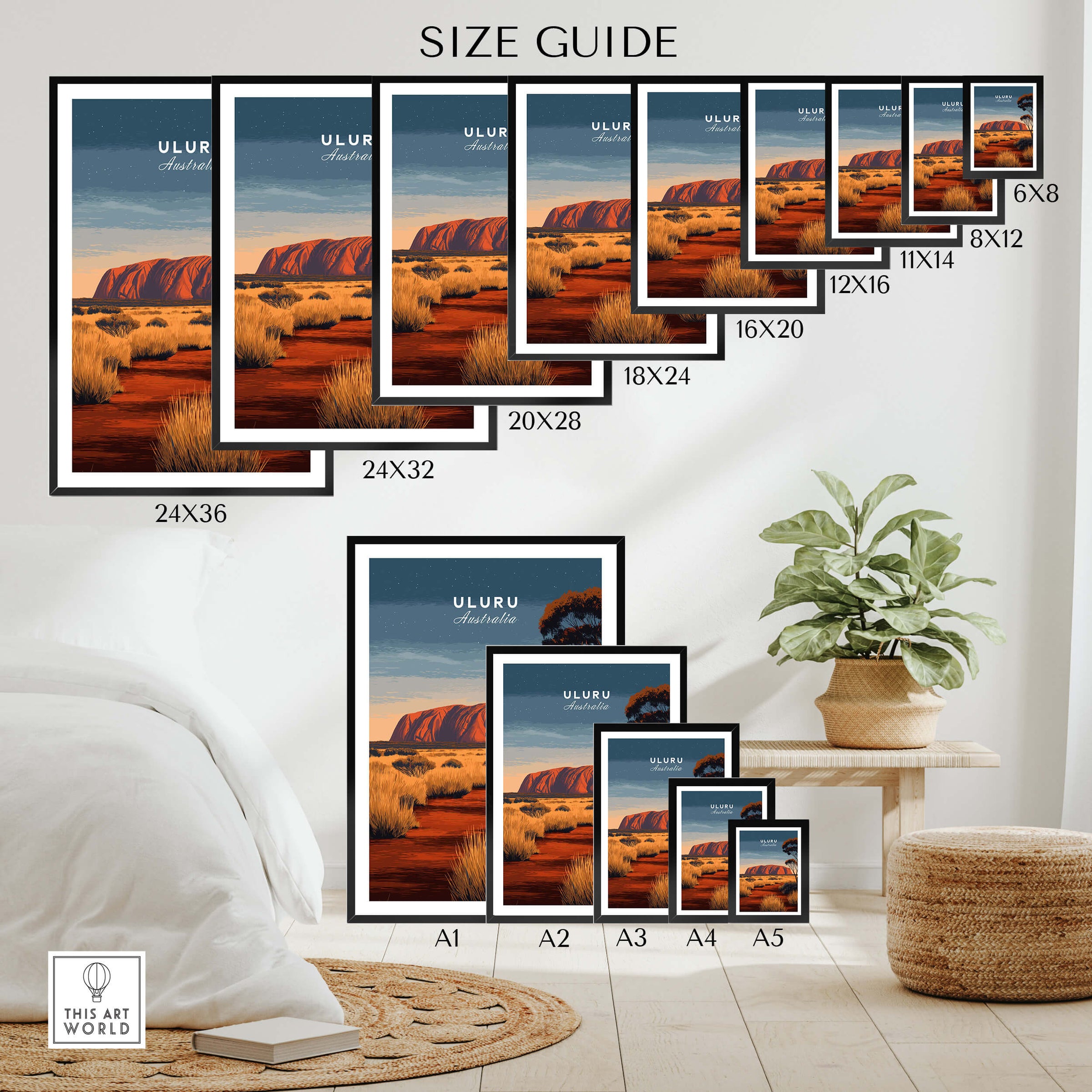 Uluru Australia Wall Art Print | Red Center Outback Travel Poster size guide showcasing various print dimensions.