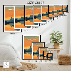 Vang Vieng Laos Travel Poster | Nam Song River Sunset Wall Art Print size guide displayed with various frame sizes.