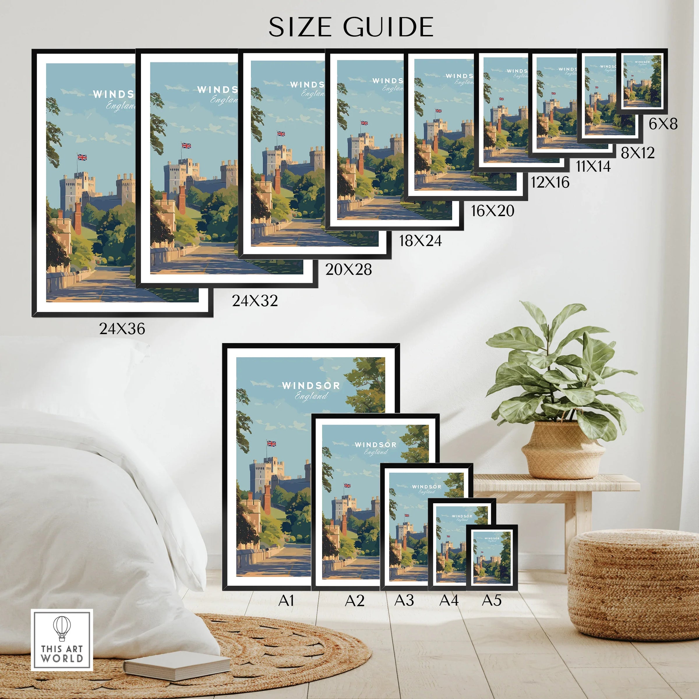 Windsor England wall art poster size guide with framed prints displayed in various sizes