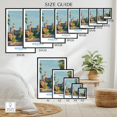 Wall art poster size guide showing Windsor Castle travel print in various dimensions on a modern wall.