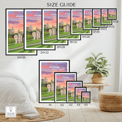 Wall art poster size guide showing Windsor Castle print in various frame dimensions, modern home decor setting.