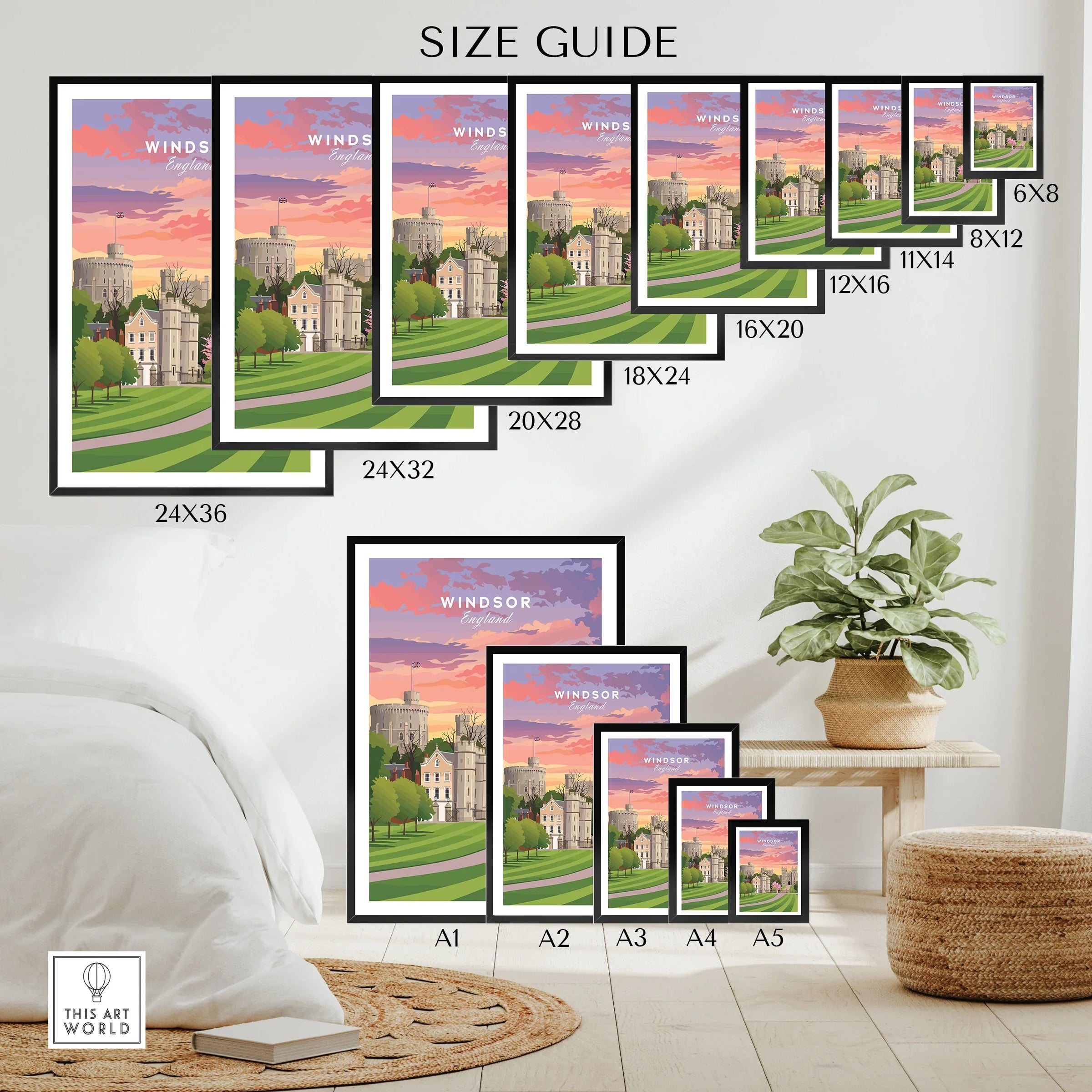 Wall art poster size guide showing Windsor Castle print in various frame dimensions, modern home decor setting.