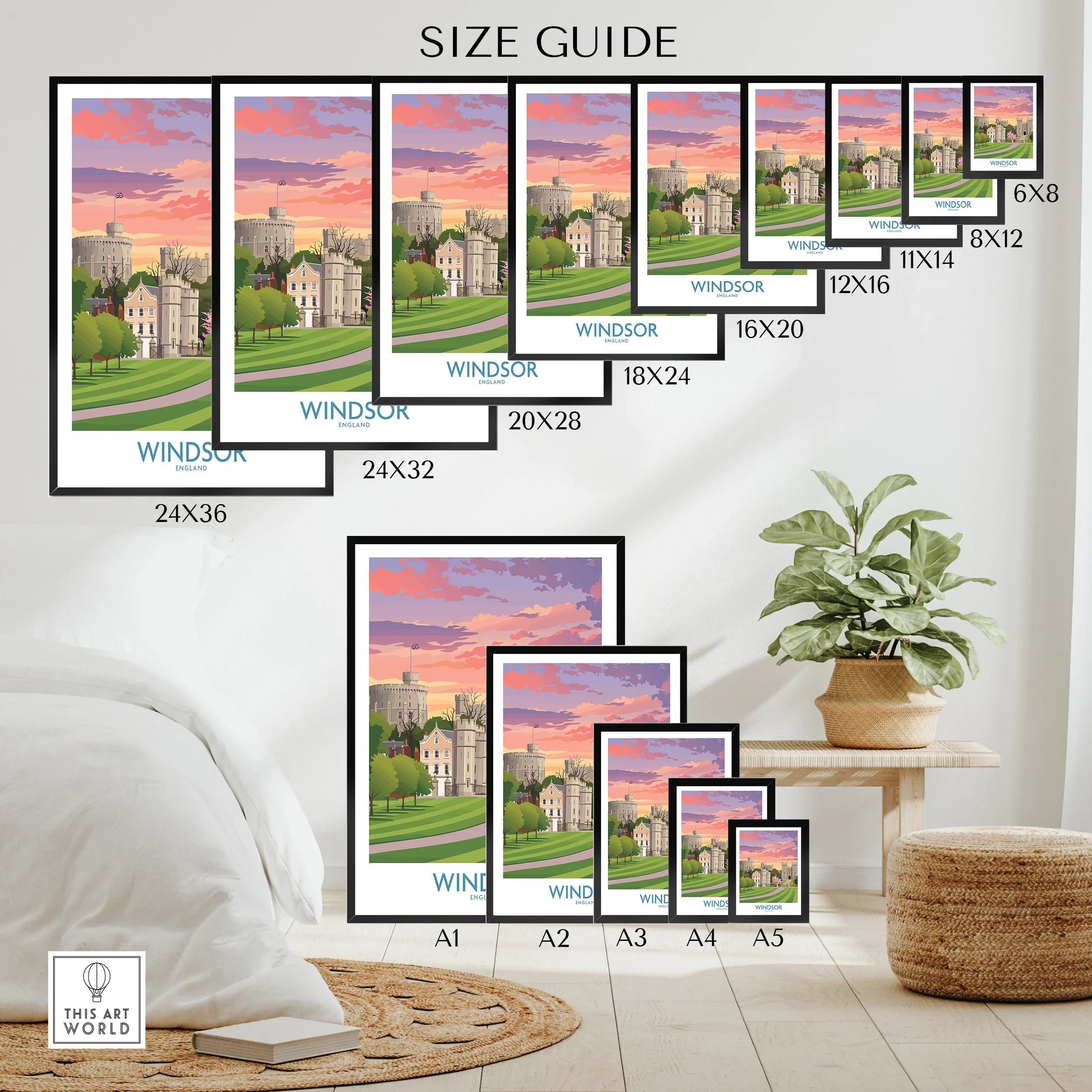Wall art poster size guide showing Windsor Castle travel print in various frame sizes on a cozy bedroom wall.