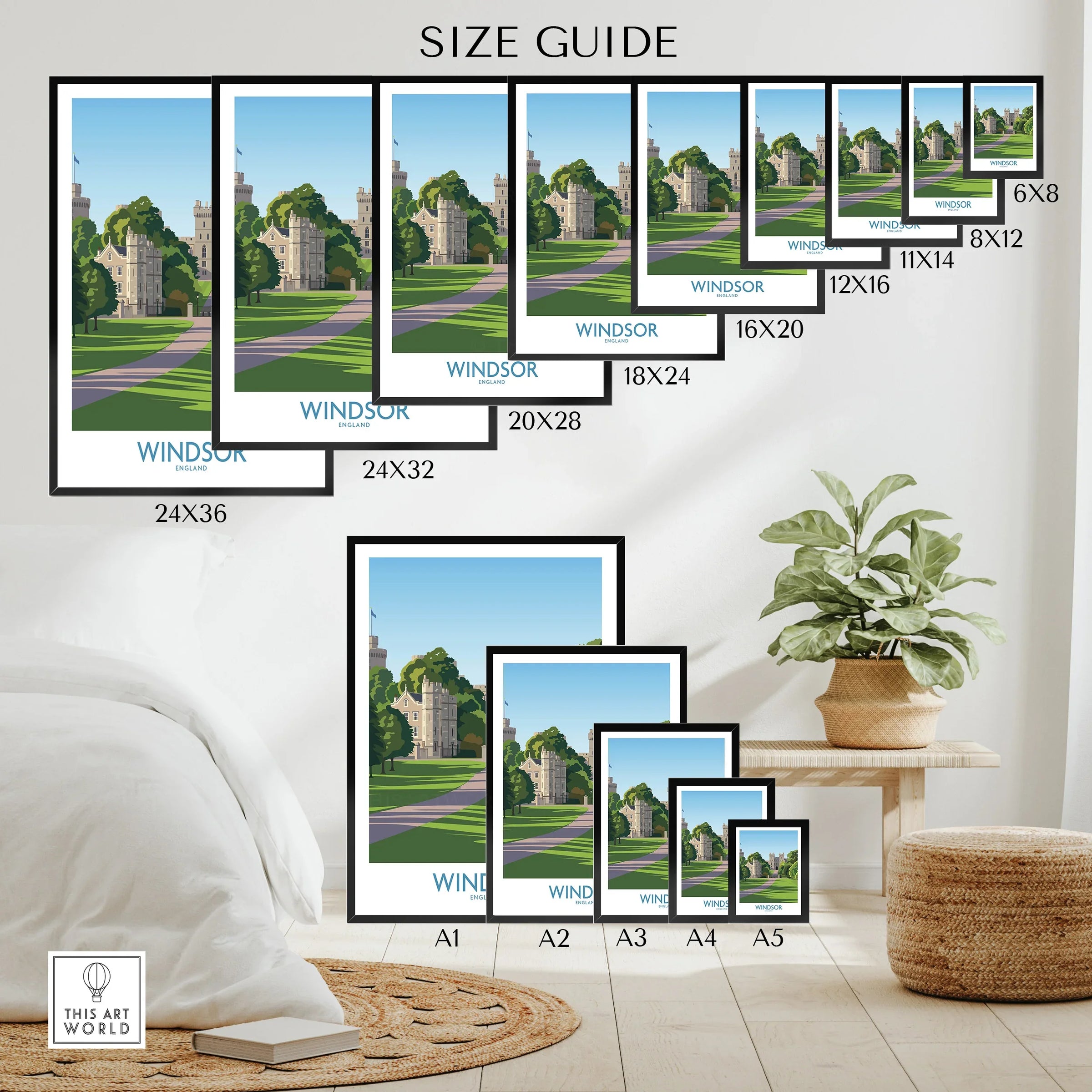 Windsor wall art poster size guide with framed prints in various dimensions, modern home decor