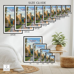 Wall art poster size guide featuring Windsor Castle travel print in various frame dimensions.