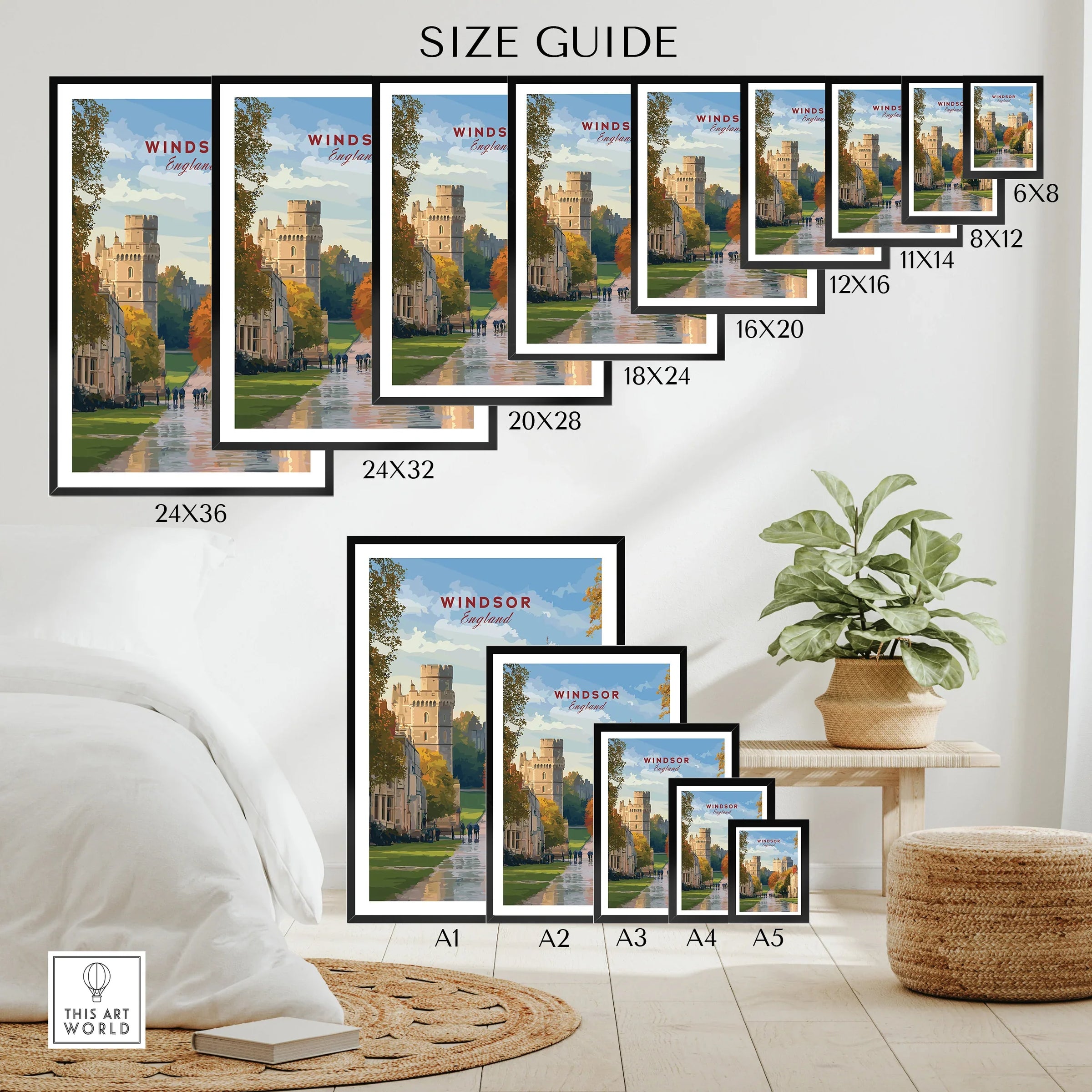 Wall art poster size guide featuring Windsor Castle travel print in various frame dimensions.