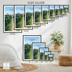 Windsor Castle England travel poster size guide with wall art prints in multiple frame sizes.
