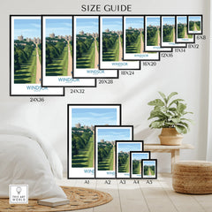 Windsor Castle travel poster size guide, various framed art prints on bedroom wall