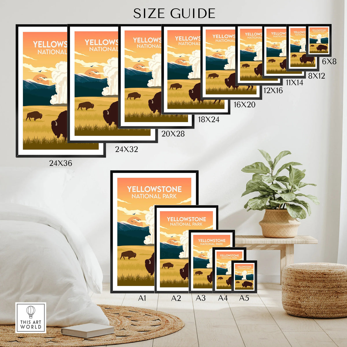 Yellowstone National Park wall art poster size guide with bison, mountains, and sunset.