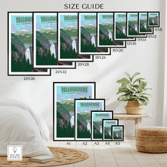 Yellowstone National Park wall art poster size guide with scenic travel print options displayed in a modern room.