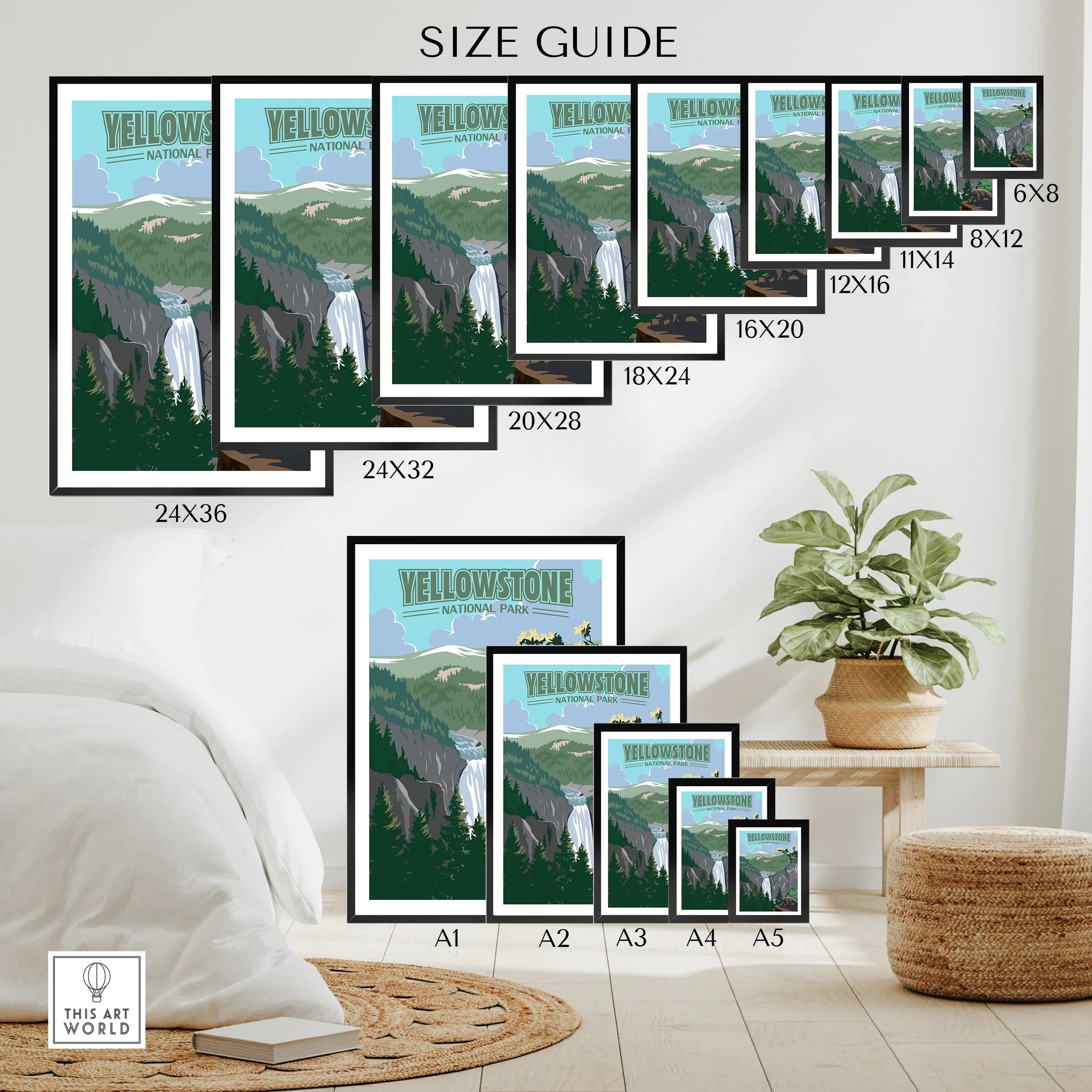 Yellowstone National Park wall art poster size guide with scenic travel print options displayed in a modern room.