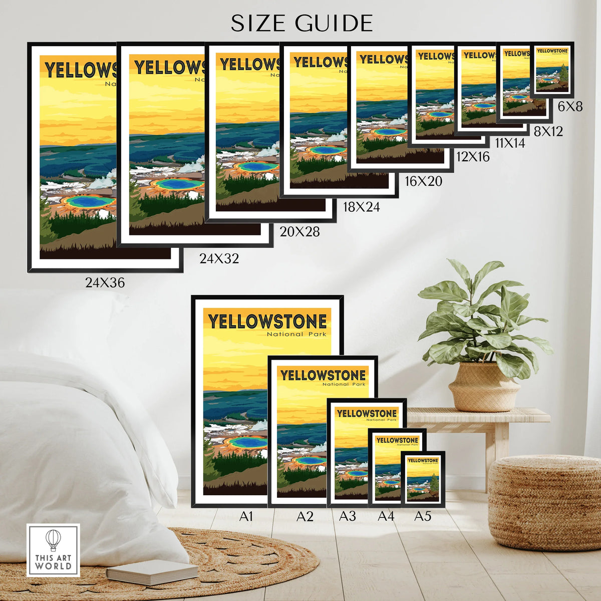 Yellowstone National Park travel poster size guide showing multiple print sizes for wall art.
