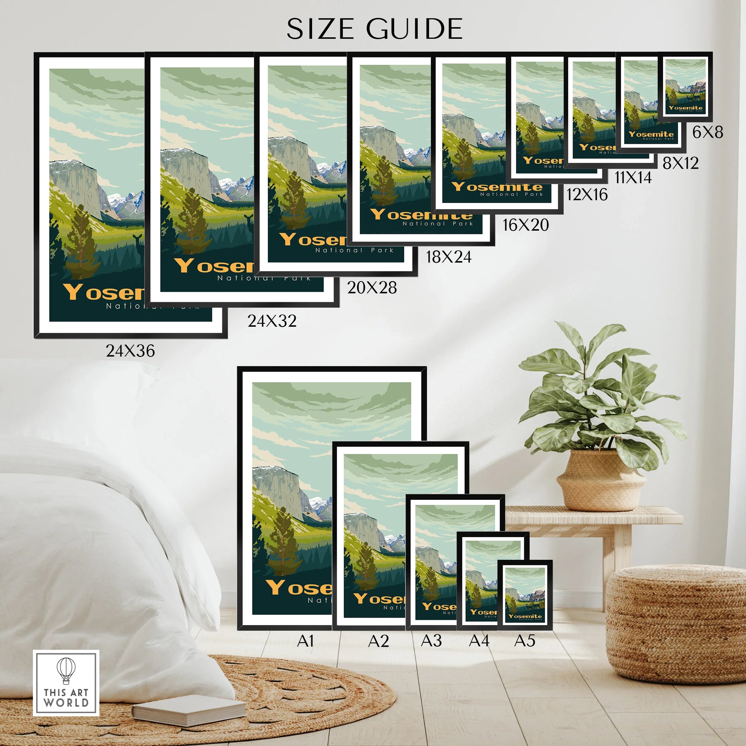Yosemite National Park wall art size guide with multiple poster sizes displayed in a modern room