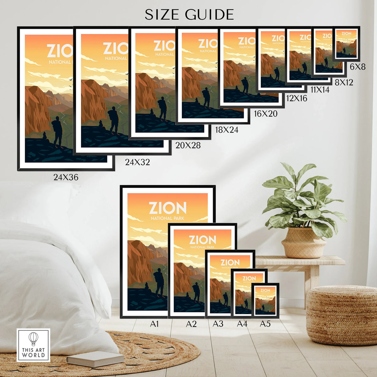 Zion National Park travel poster size guide with hiker silhouette, mountain landscape art