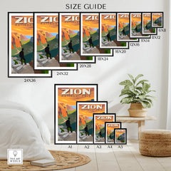 Zion National Park wall art poster size guide with multiple print sizes shown in a modern room.