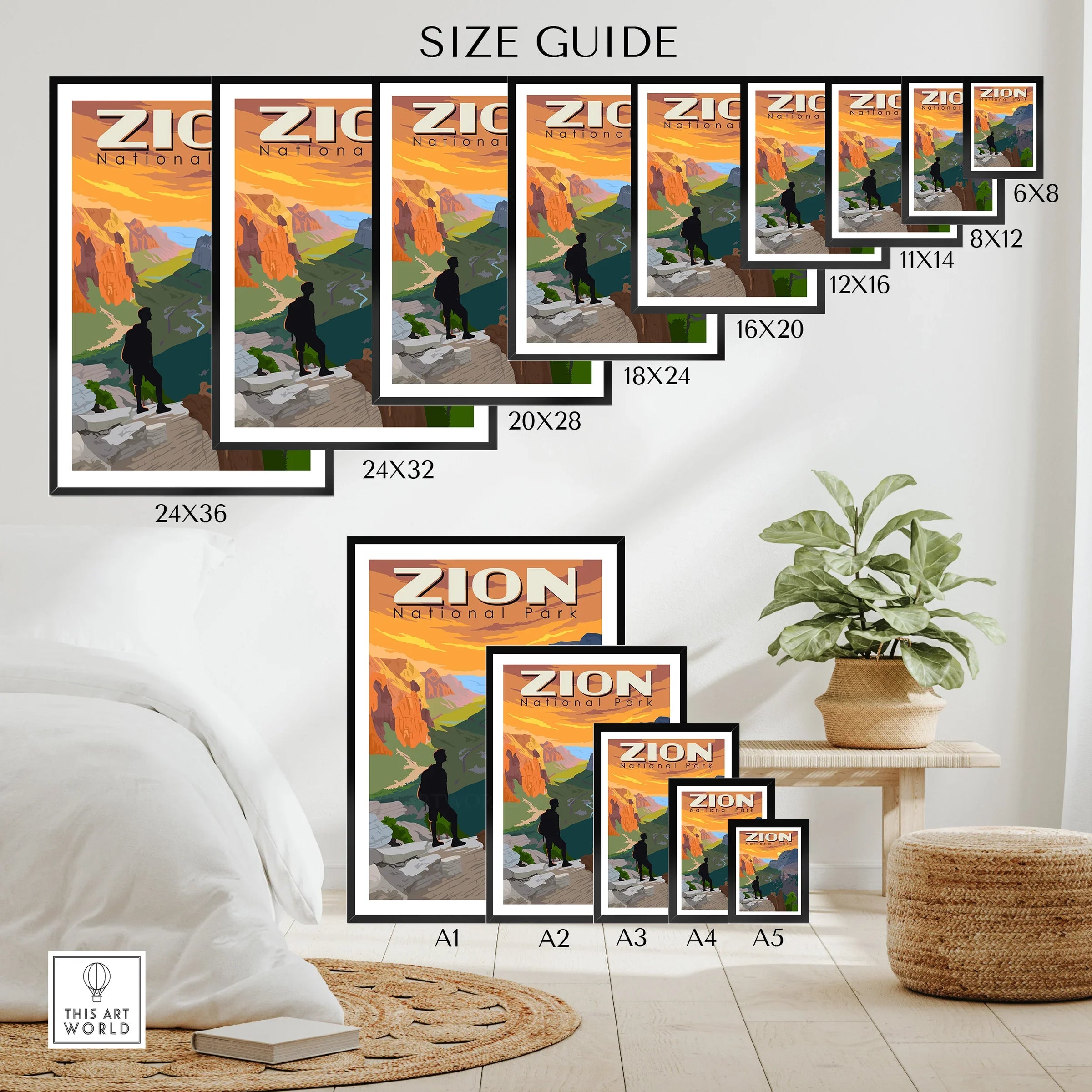 Zion National Park wall art poster size guide with multiple print sizes shown in a modern room.