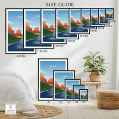 Zion National Park wall art size guide with various poster dimensions displayed in a modern room.
