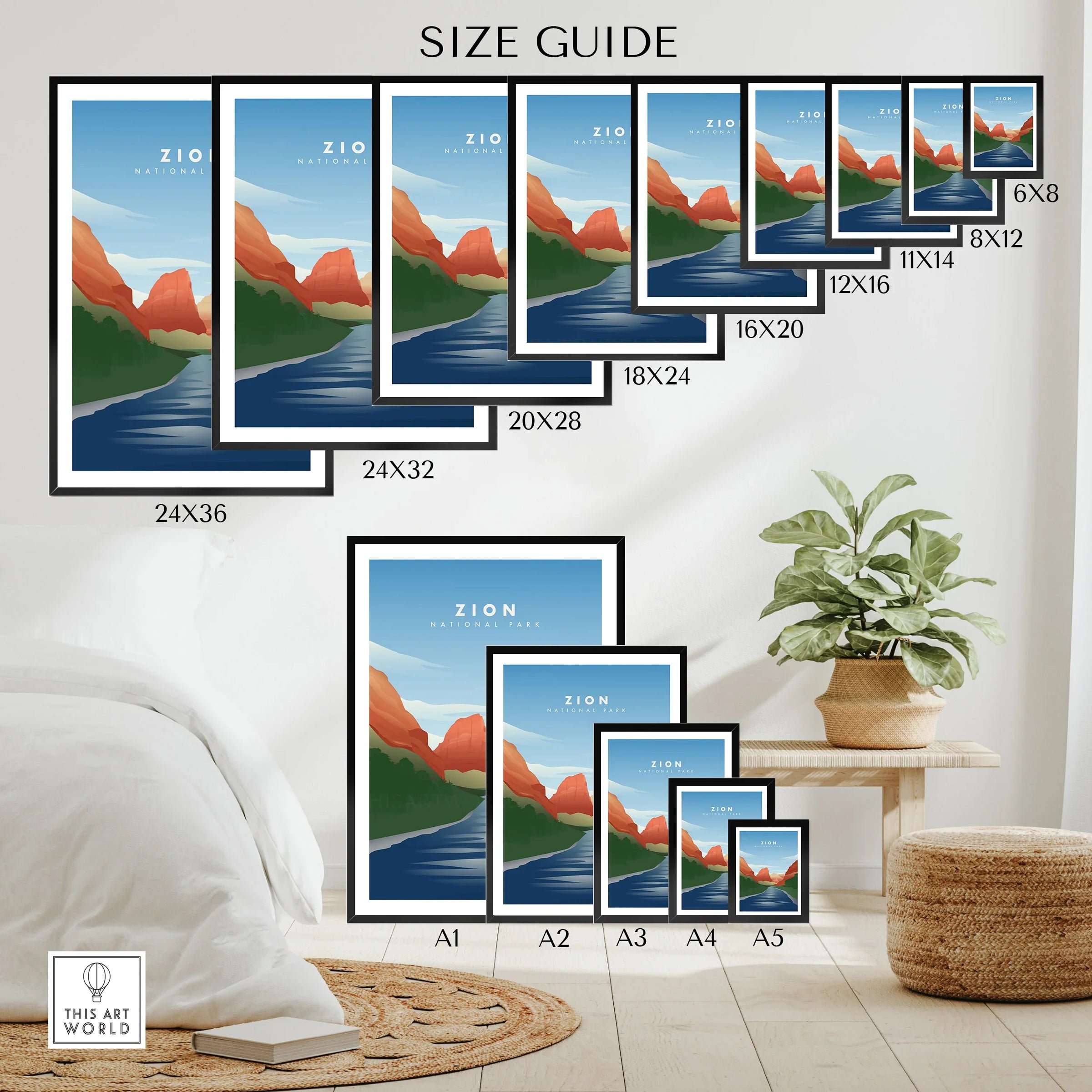 Zion National Park wall art size guide with various poster dimensions displayed in a modern room.