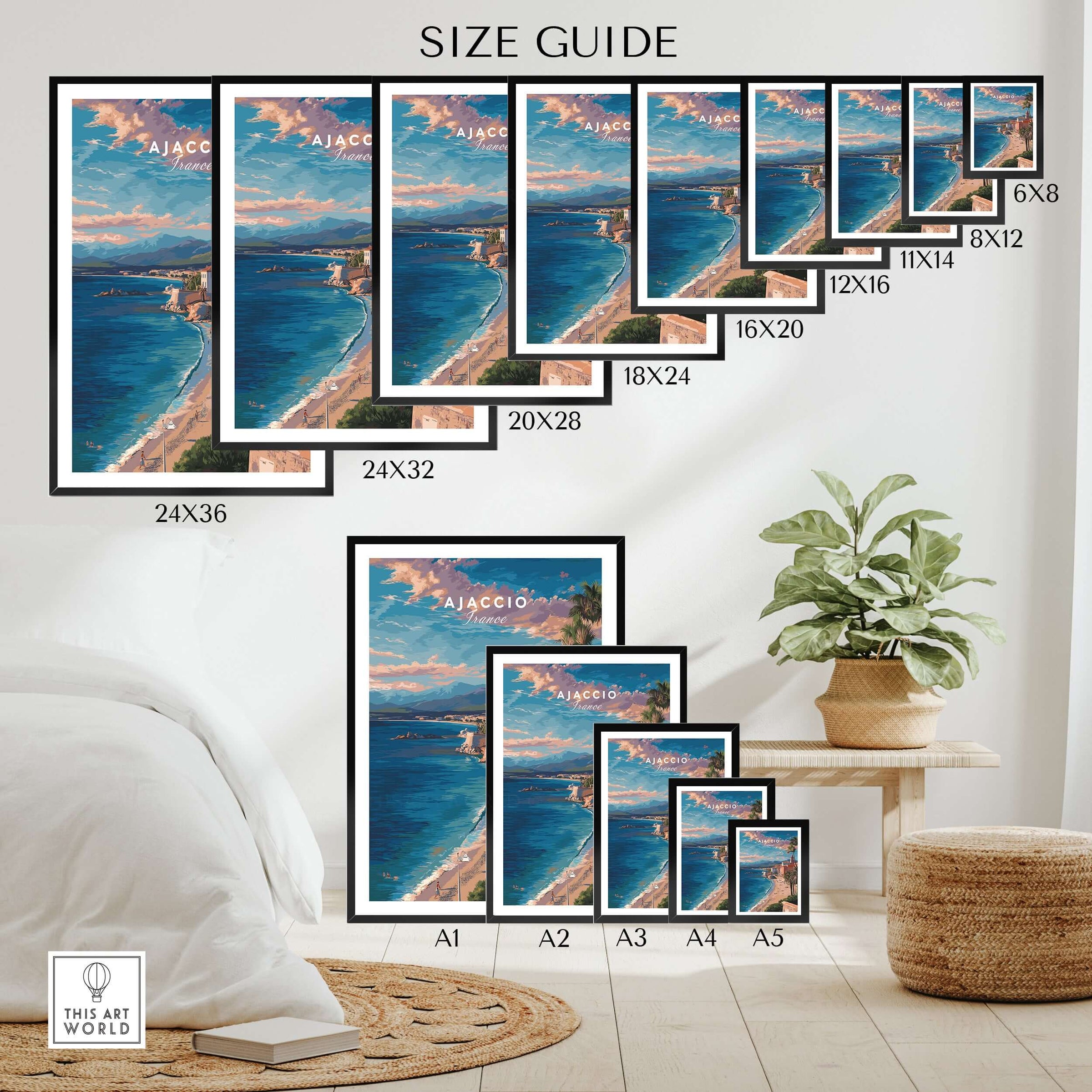 Ajaccio Canvas Print | French Travel Wall Decor size guide showcasing various frame dimensions and placement options.