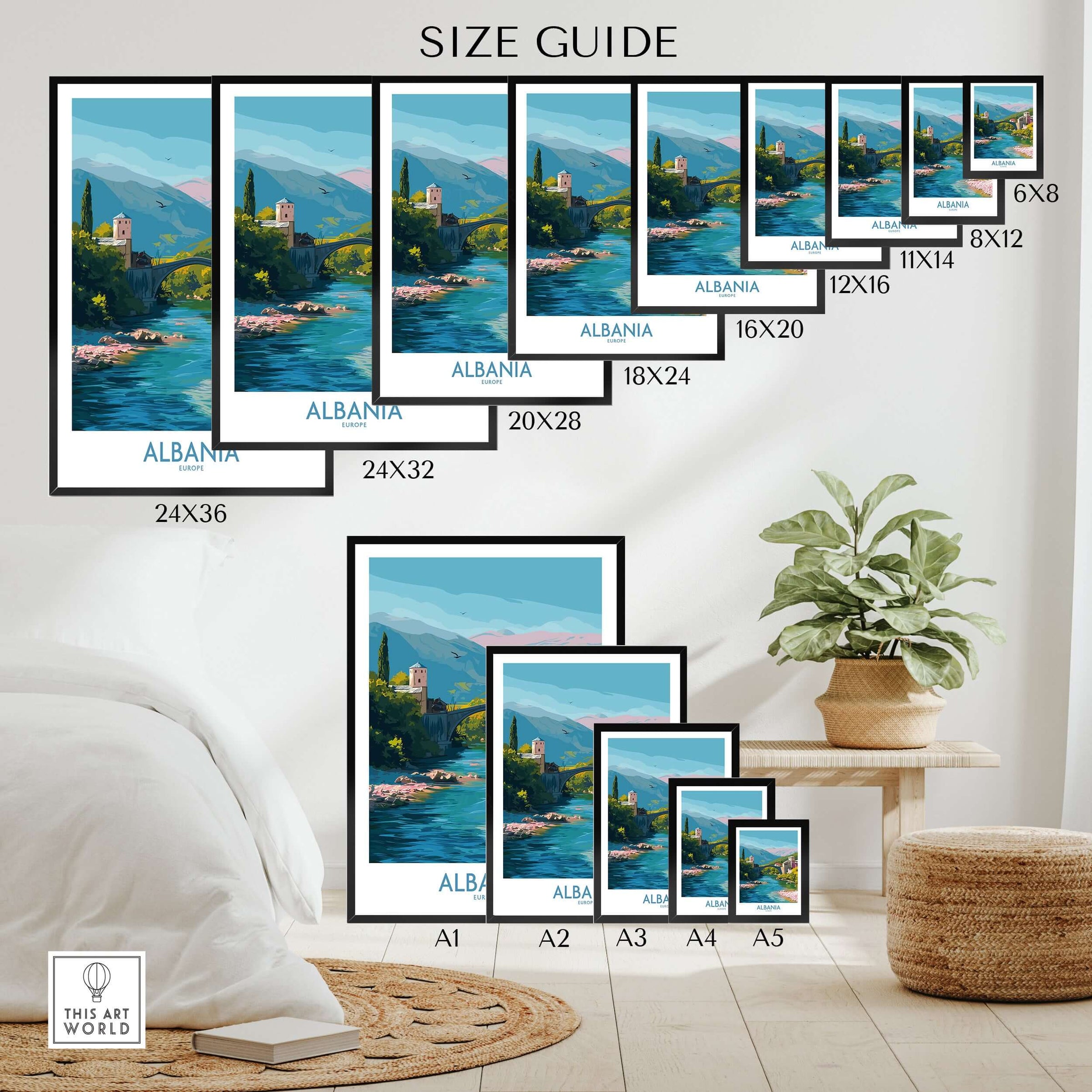 Albania Historic Stone Bridge Art Print | Mountain River Landscape Poster size guide with various frame dimensions.