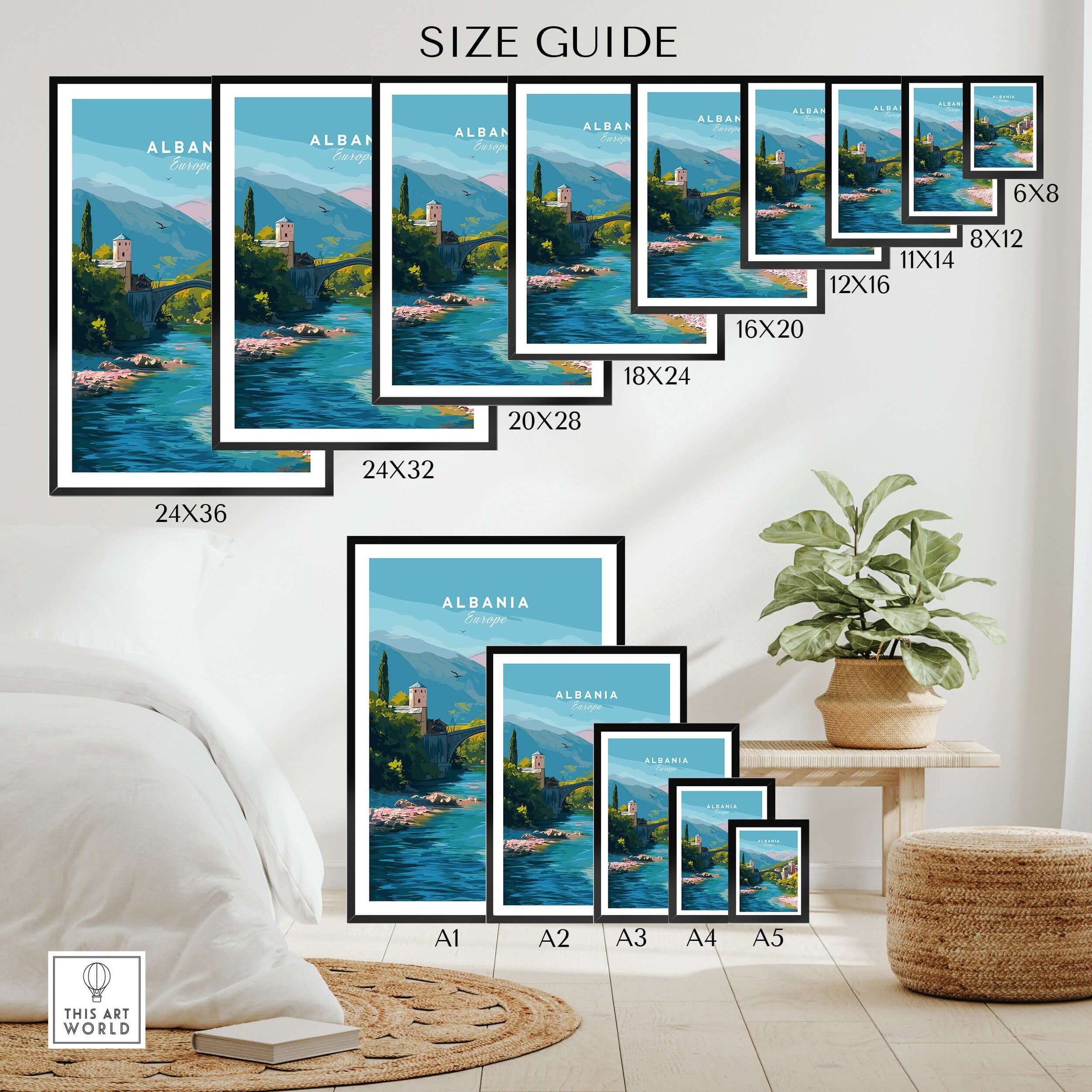 Albania Canvas Print | European Travel Wall Decor size guide showcasing various dimensions for wall art display.