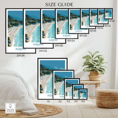 Albania Art Print | Turquoise Water Coastal Wall Decor size guide displaying various frame sizes and coastal artwork.