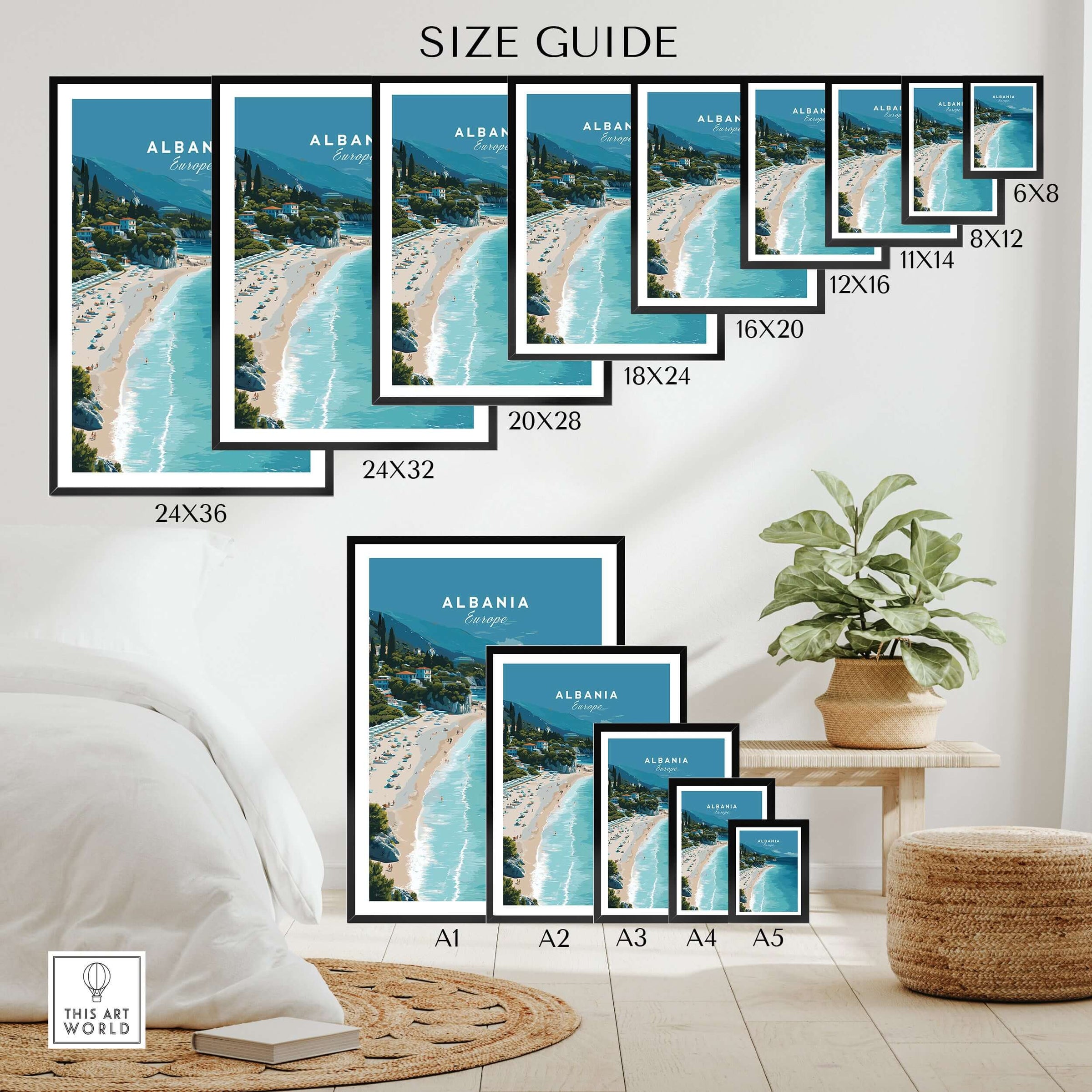 Albania Canvas Print | Balkan Travel Poster size guide showcasing various dimensions for wall art.
