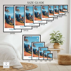 Albania Snow Mountain Church Art Print | Historic Monastery Landscape Poster size guide with various frame dimensions.