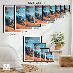 Albania Canvas Print | Framed and Unframed Travel Wall Decor size guide with various dimensions shown.