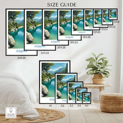 Albania Canvas Print | Framed and Unframed Travel Wall Decor Size Guide showcasing various frame sizes.