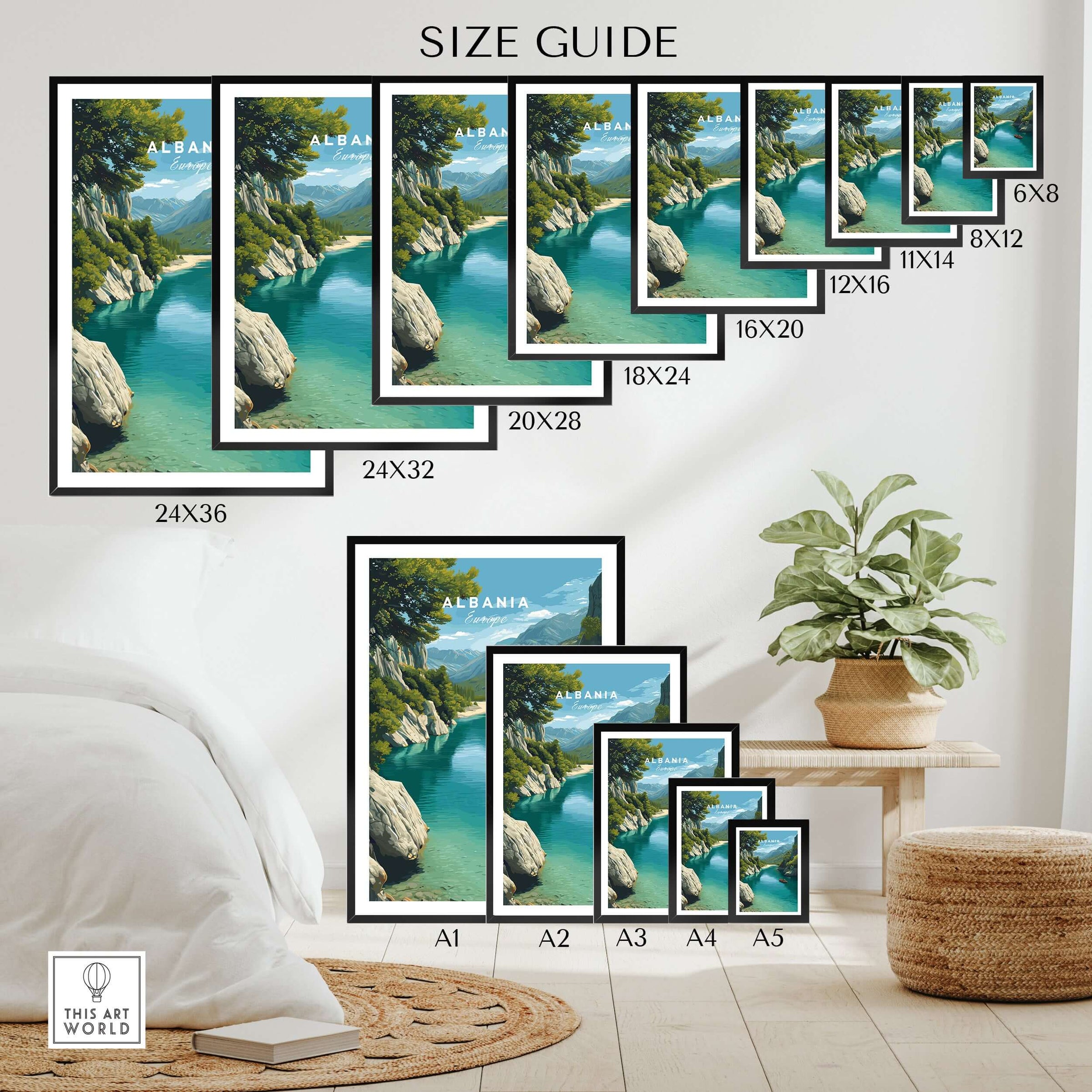 Albania Canvas Art Print size guide showcasing various print dimensions for home decor.
