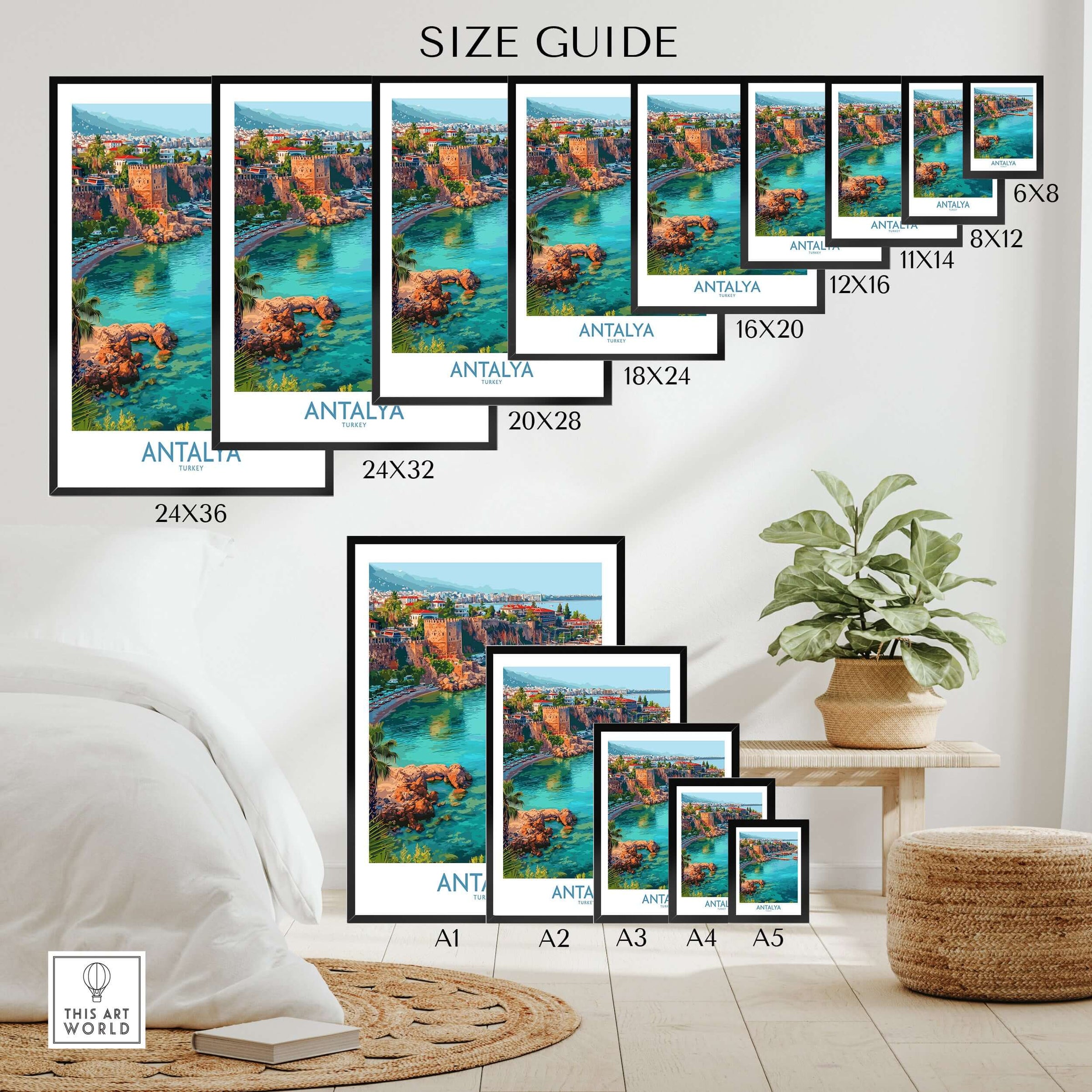 Antalya Turkey Old Harbor Art Print | Mediterranean Bay Travel Poster size guide display with various frame sizes.