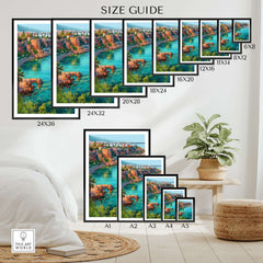 Antalya Marina and Red Tower Canvas Print | Turkish Coastal Wall Decor size guide showcasing various frame sizes.