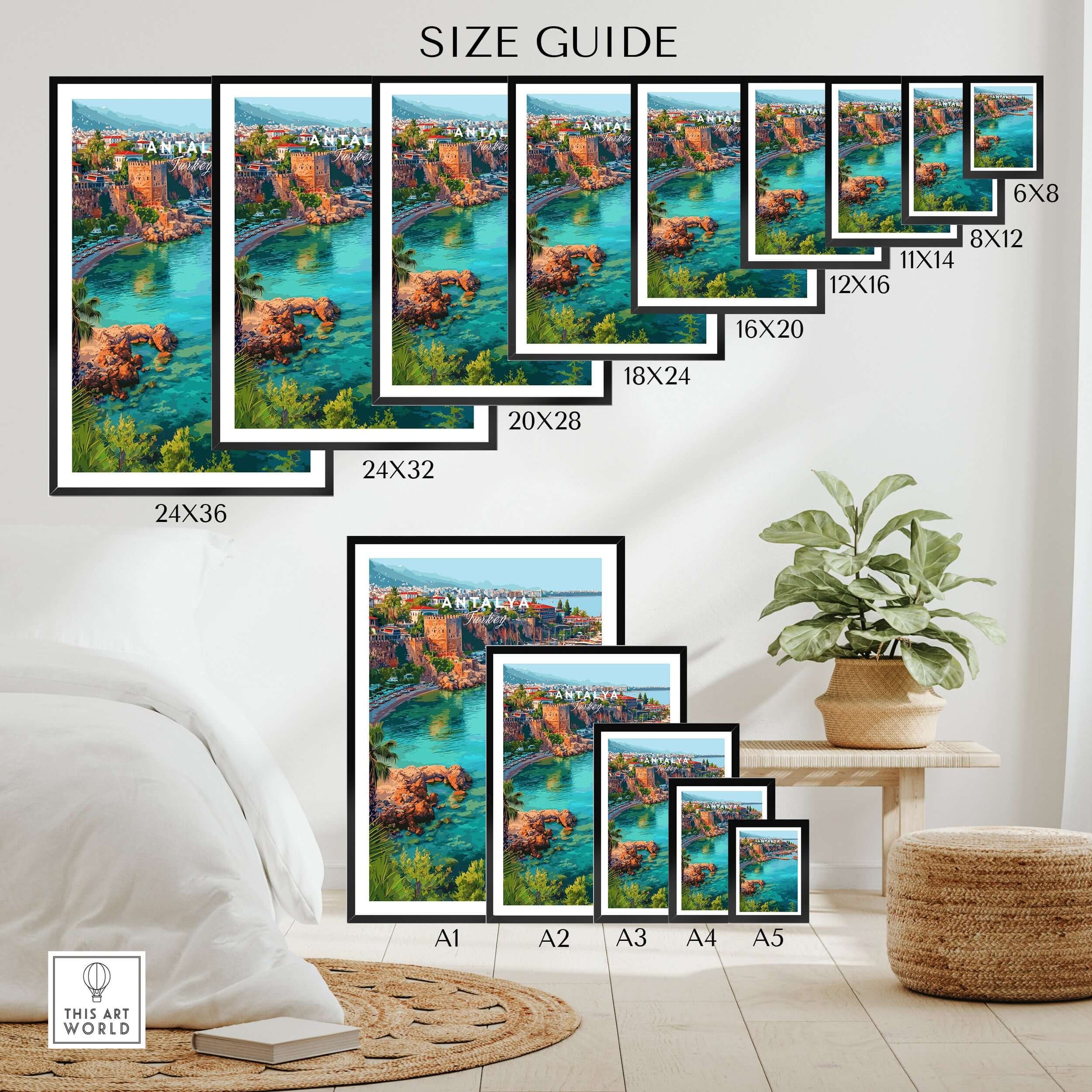 Antalya Marina and Red Tower Canvas Print | Turkish Coastal Wall Decor size guide showcasing various frame sizes.