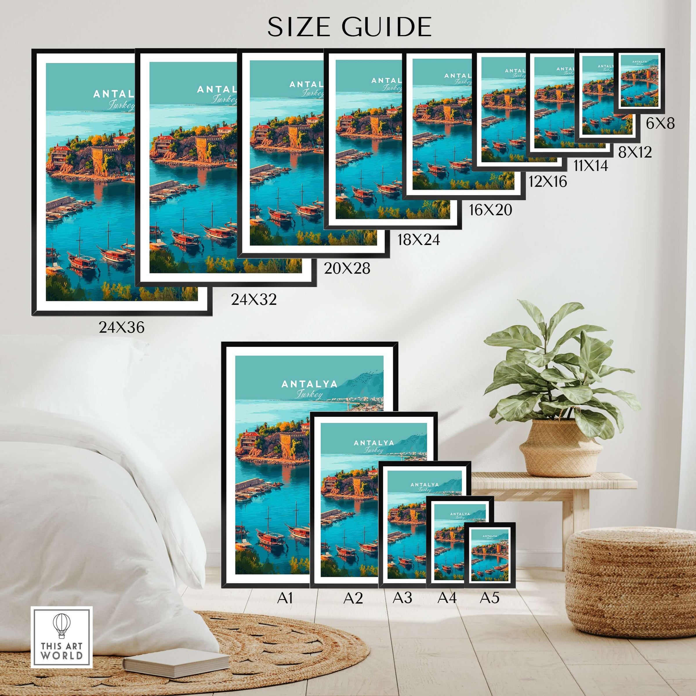 Size guide for Antalya Canvas Print | Turkish Beach Wall Art showcasing various frame sizes and displayed in a cozy interior.