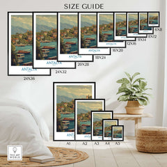 Antalya Turkey Harbour Cliff Art Print | Taurus Mountains View Poster size guide showcasing different frame options.