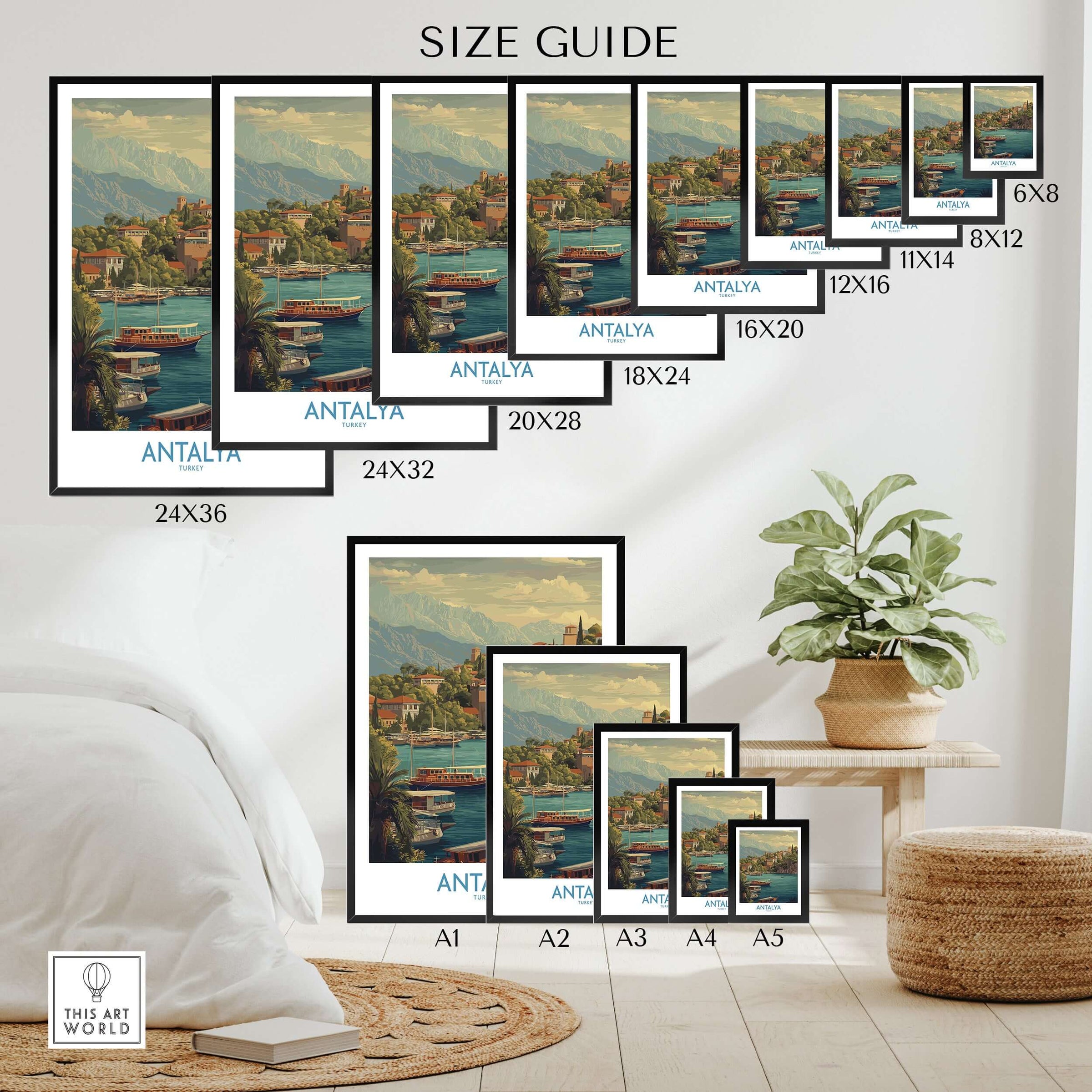 Antalya Turkey Harbour Cliff Art Print | Taurus Mountains View Poster size guide showcasing different frame options.
