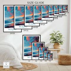 Big Island Hawaii Sunset Beach Art Print | Tropical Palm Tree Poster size guide with measurements and layout display