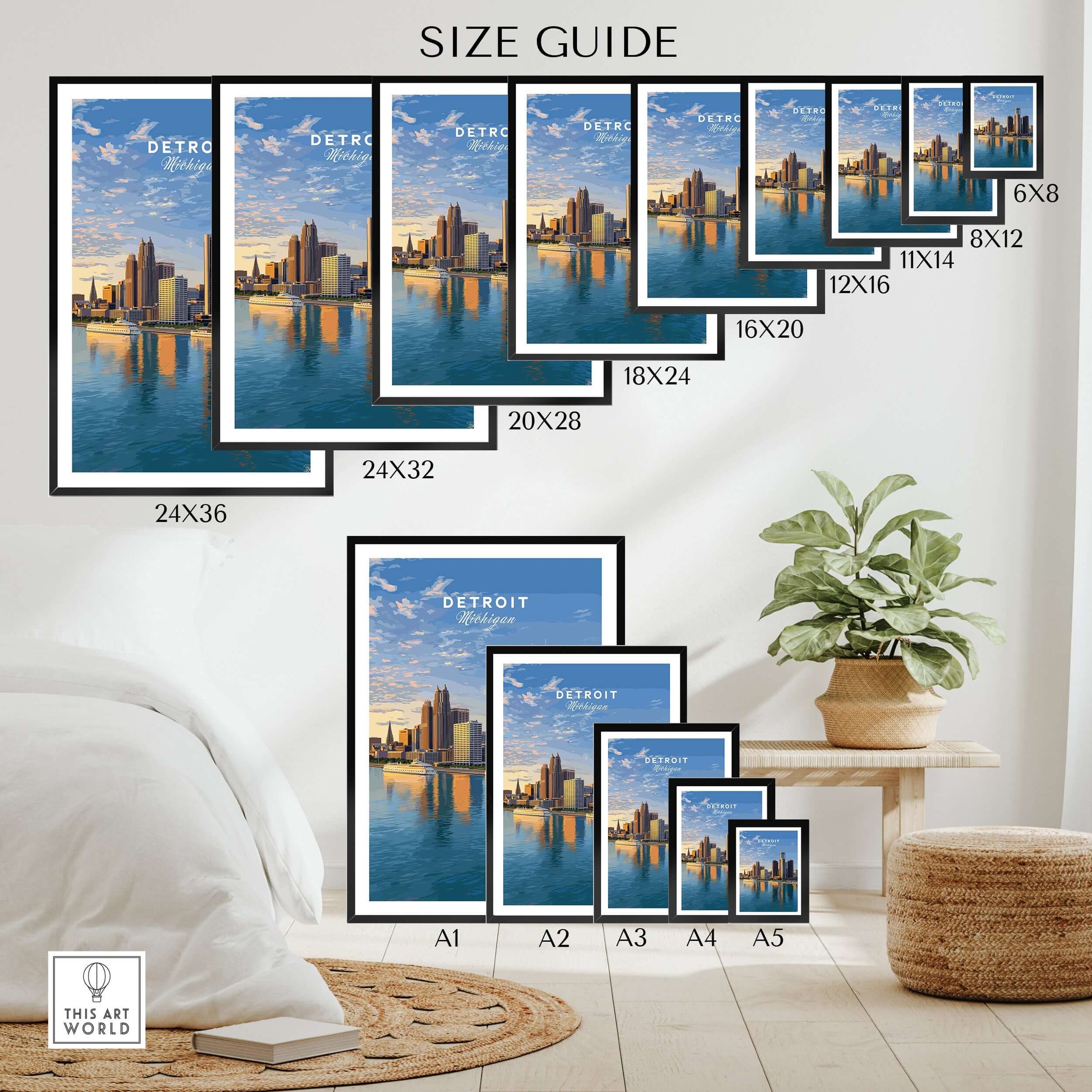 Detroit Riverfront Sunset View Print | Modern US City Wall Decor size guide showing various frame options.