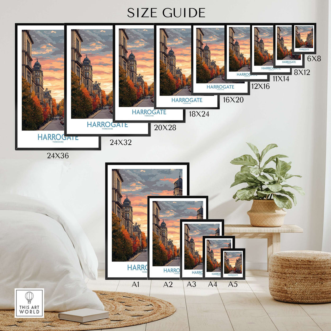 Harrogate Yorkshire Autumn Street Art Print | Sunset Avenue Poster size guide showing various frame sizes.