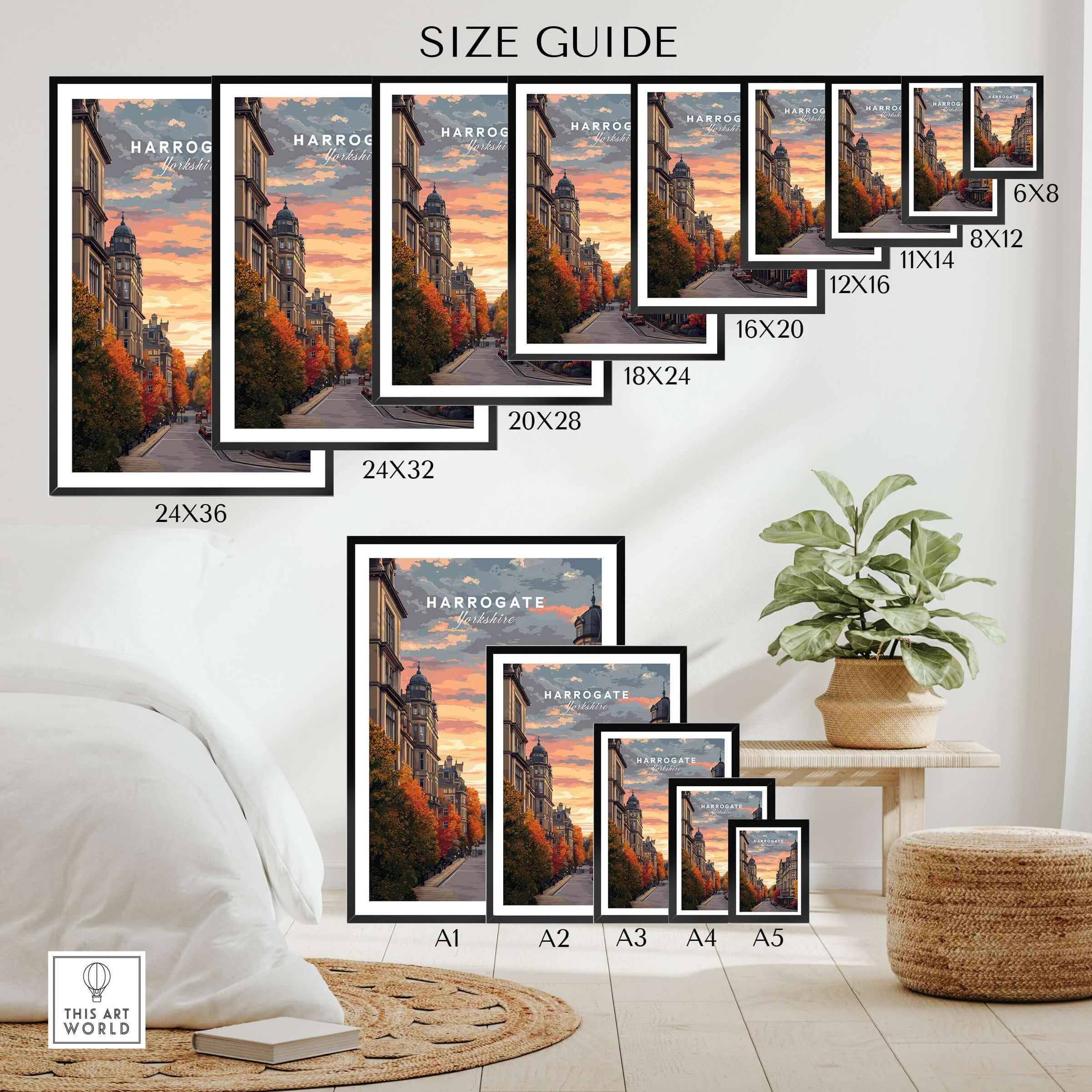 Harrogate Print | English Travel Wall Decor size guide with various frame dimensions displayed in a stylish interior setting.