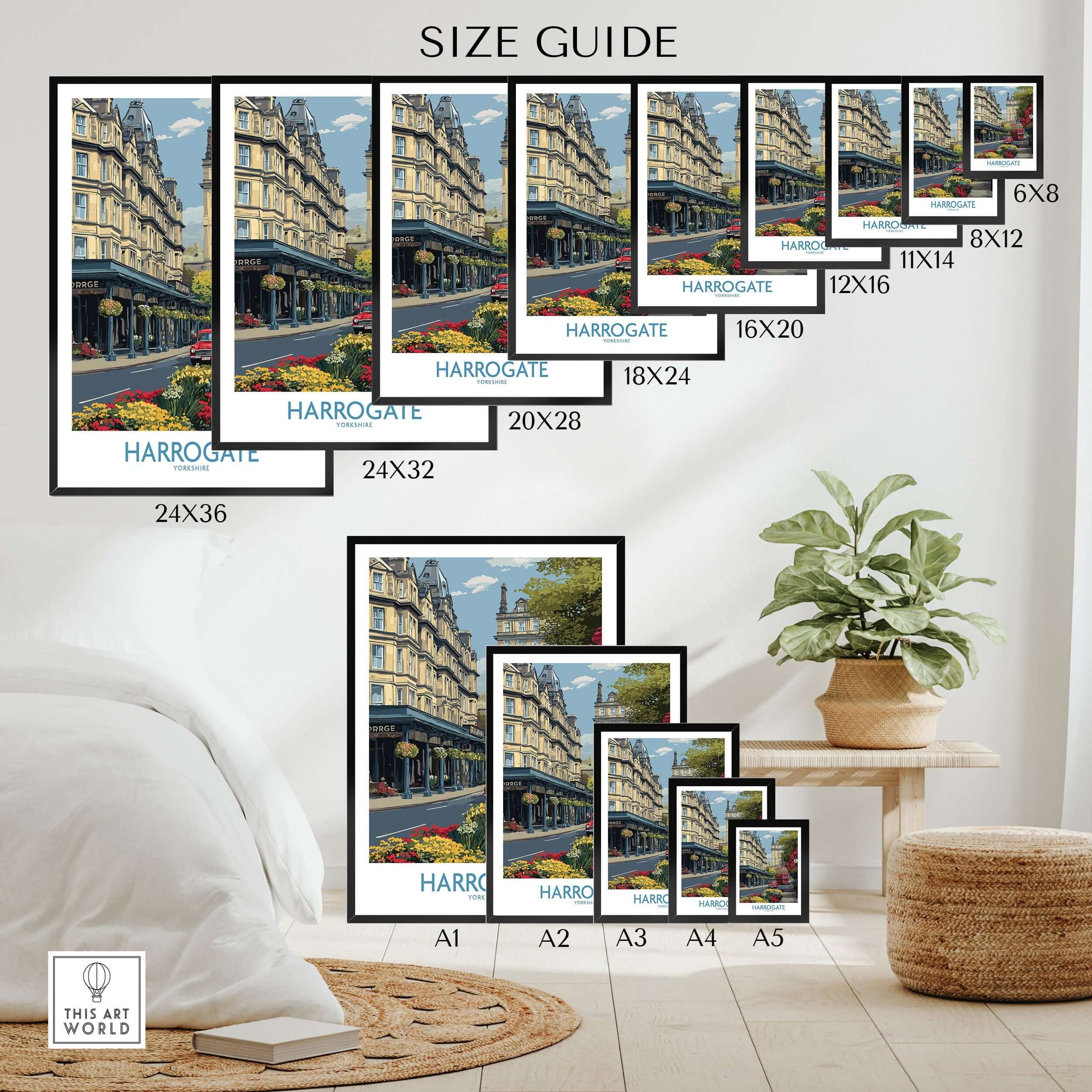 Harrogate Yorkshire Print | Floral Street Scene Poster size guide featuring various dimensions and display options.