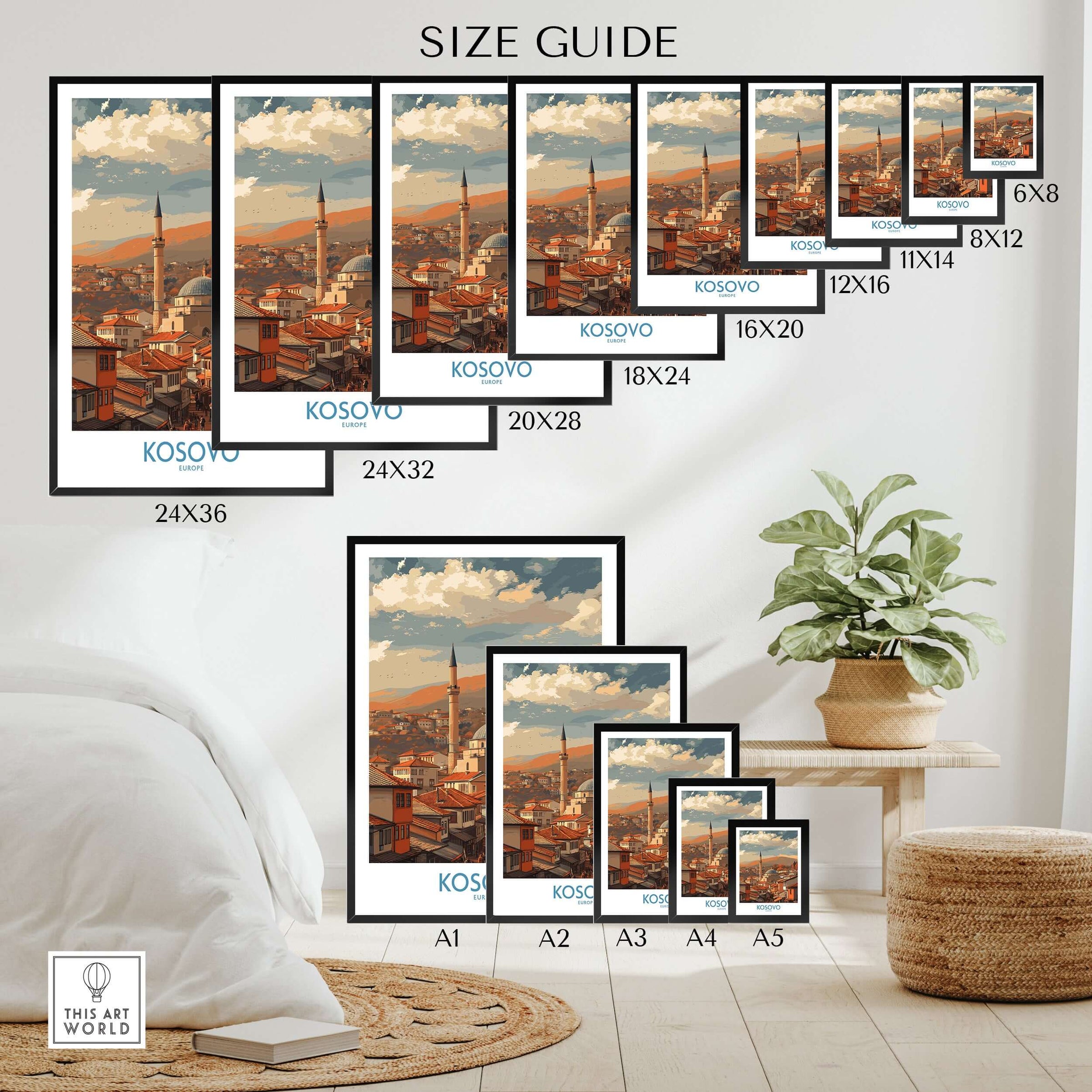 Size guide for Kosovo Prizren Old Town Art Print | Historic Mosque View Poster in various dimensions.