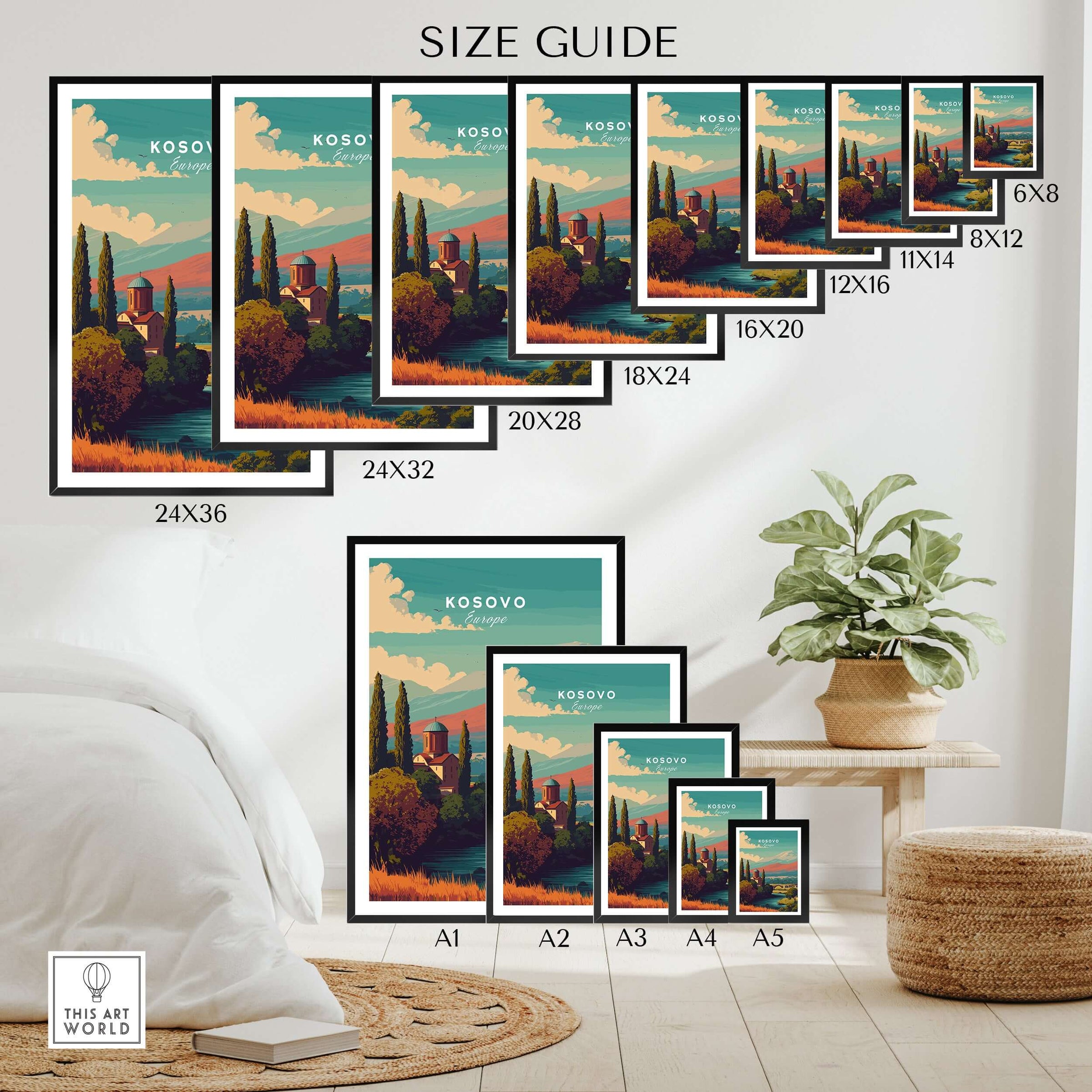 Kosovo Peja Canvas Print | European Travel Wall Art size guide showcasing various frame sizes for wall decor.