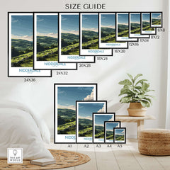 Nidderdale Art Print | Yorkshire Dales Sheep Poster size guide showcasing various frame dimensions in a cozy interior.