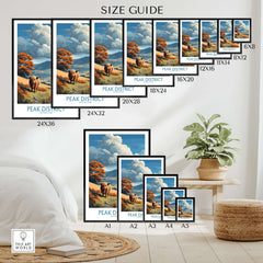 Peak District National Park Highland Cattle Art Print | Rolling Hills Poster size guide comparison with various frame sizes.