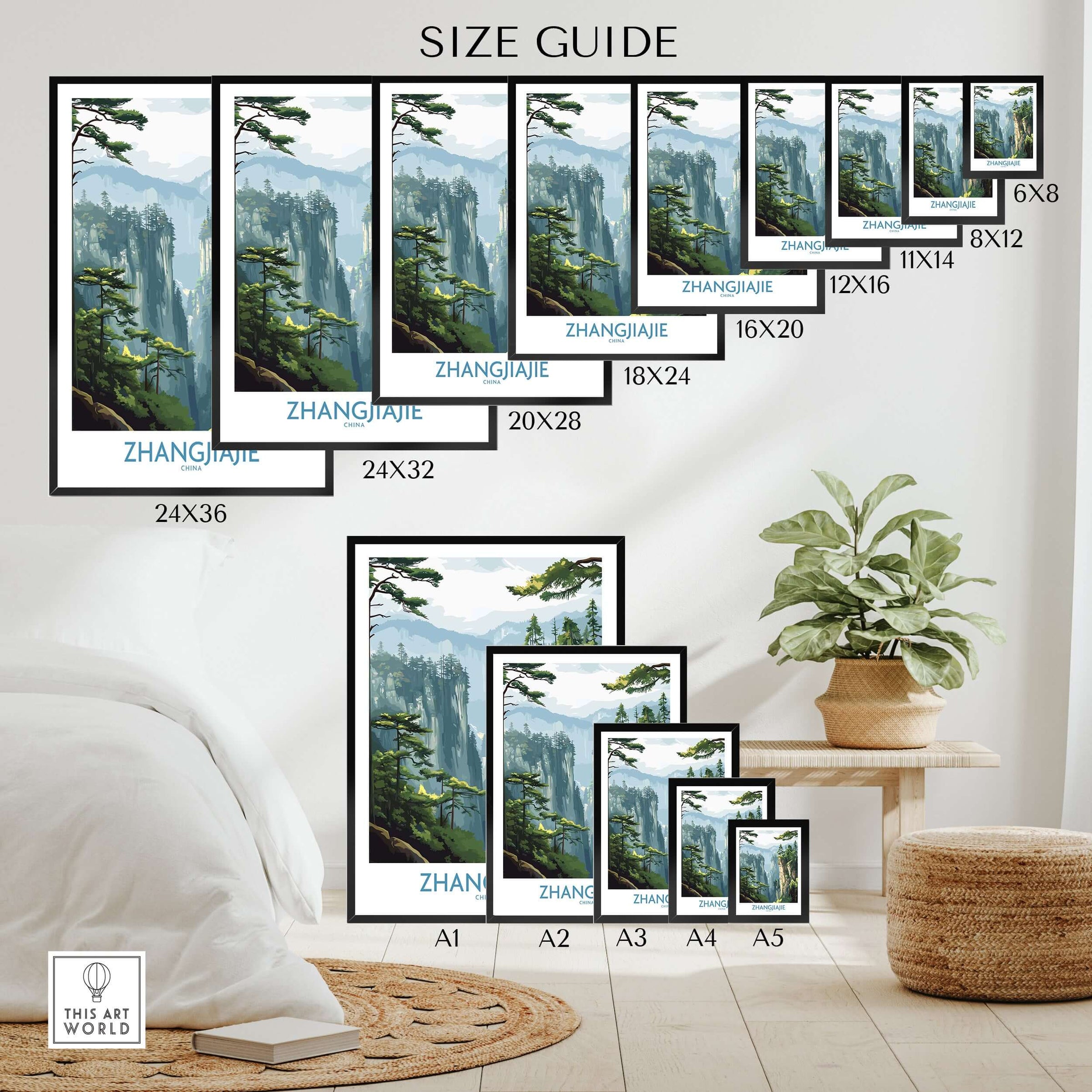 Zhangjiajie China Art Print | Misty Forest Canyon Poster size guide with various frame dimensions and styles.