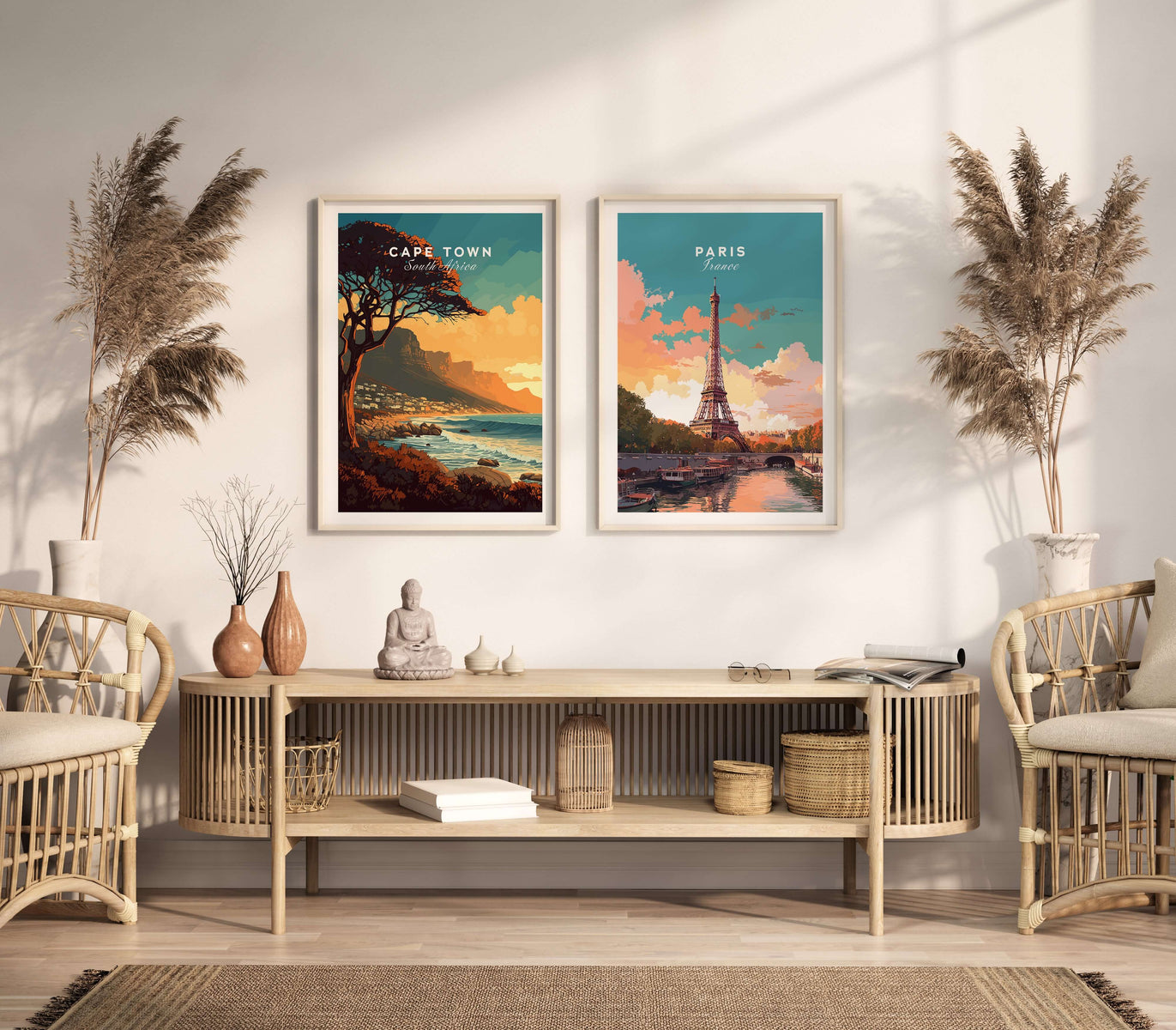 Set of two travel posters in natural wood frames on a wall in a lounge with table an chairs. The travel posters feature Cape Town at sunset and Eiffel tower in Paris. 