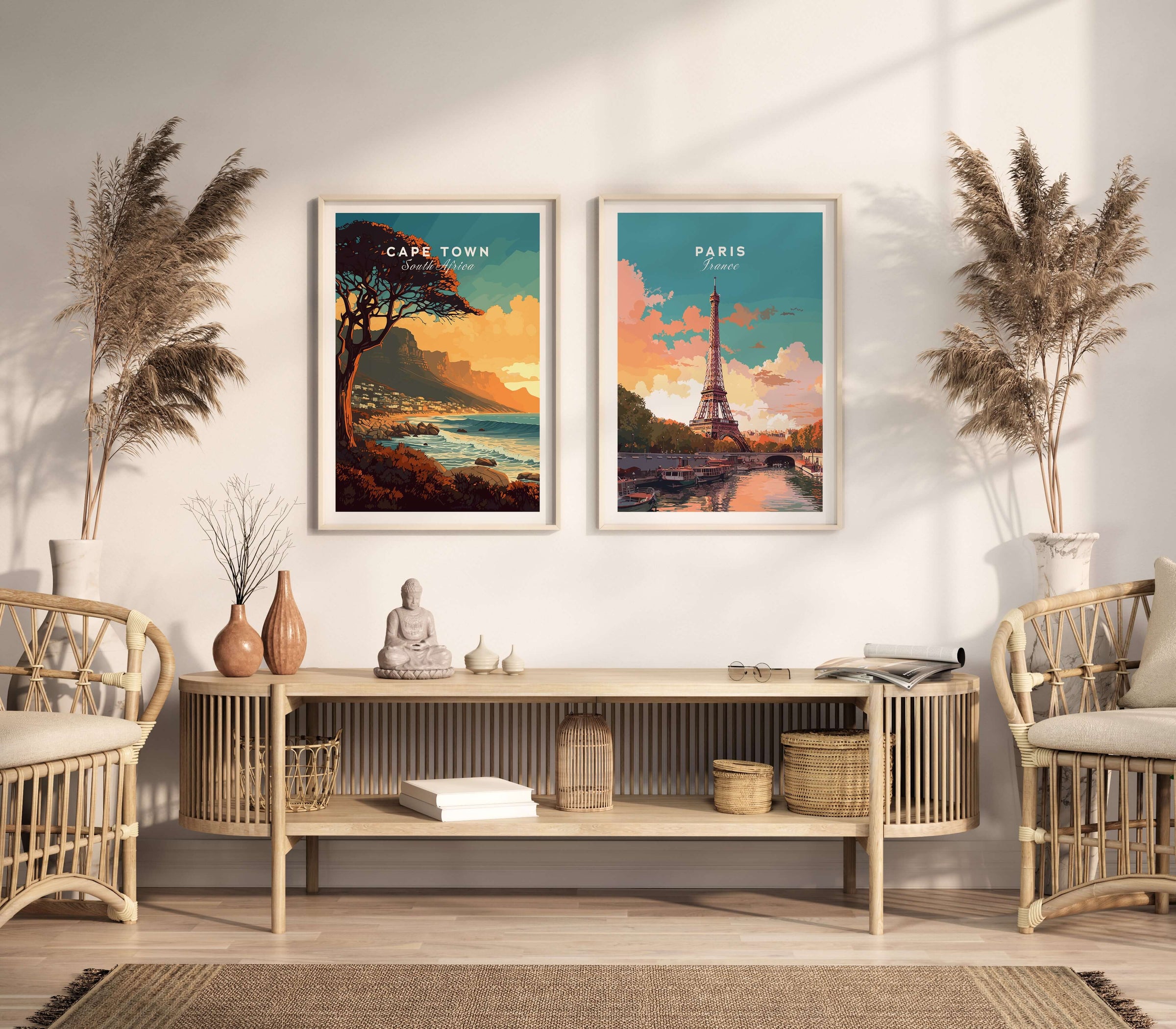Two travel posters framed in natural wood framed in a lounge setting. The travel prints feature Cape Town and Paris with the Eiffel Tower at sunset